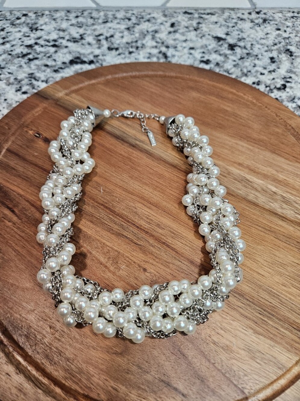 Braided Pearl Statement Necklace with Silver Chain